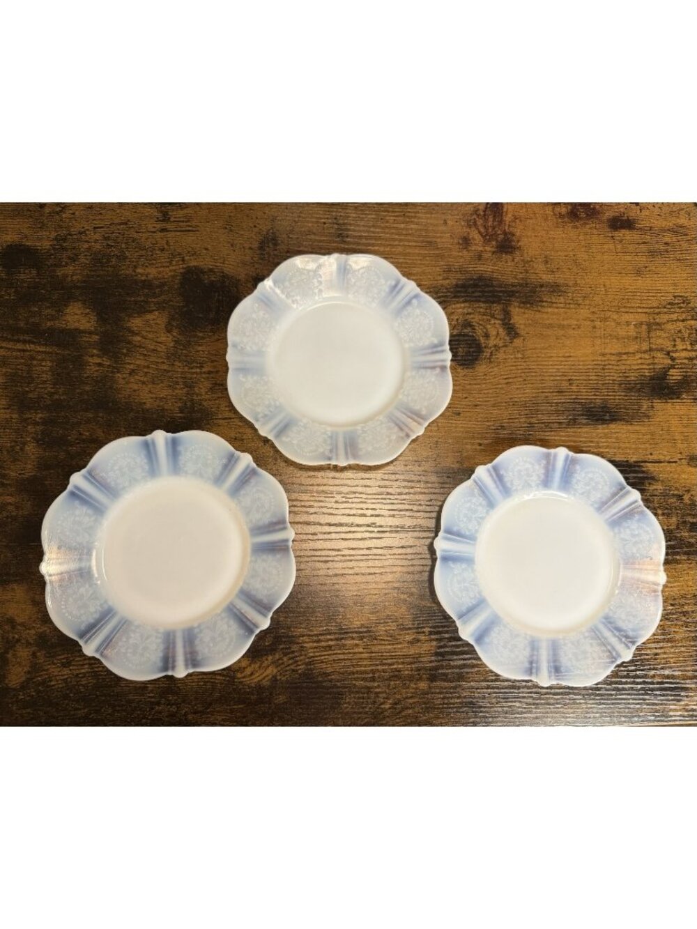 3 MacBeth Evans AMERICAN SWEETHEART Monax 6 1/4” Bread Dessert Plates Opalescent